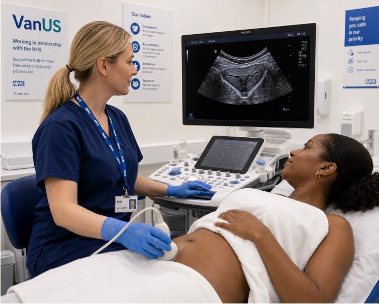Sonographer performing an ultrasound scan in a modern NHS-style clinical ultrasound room