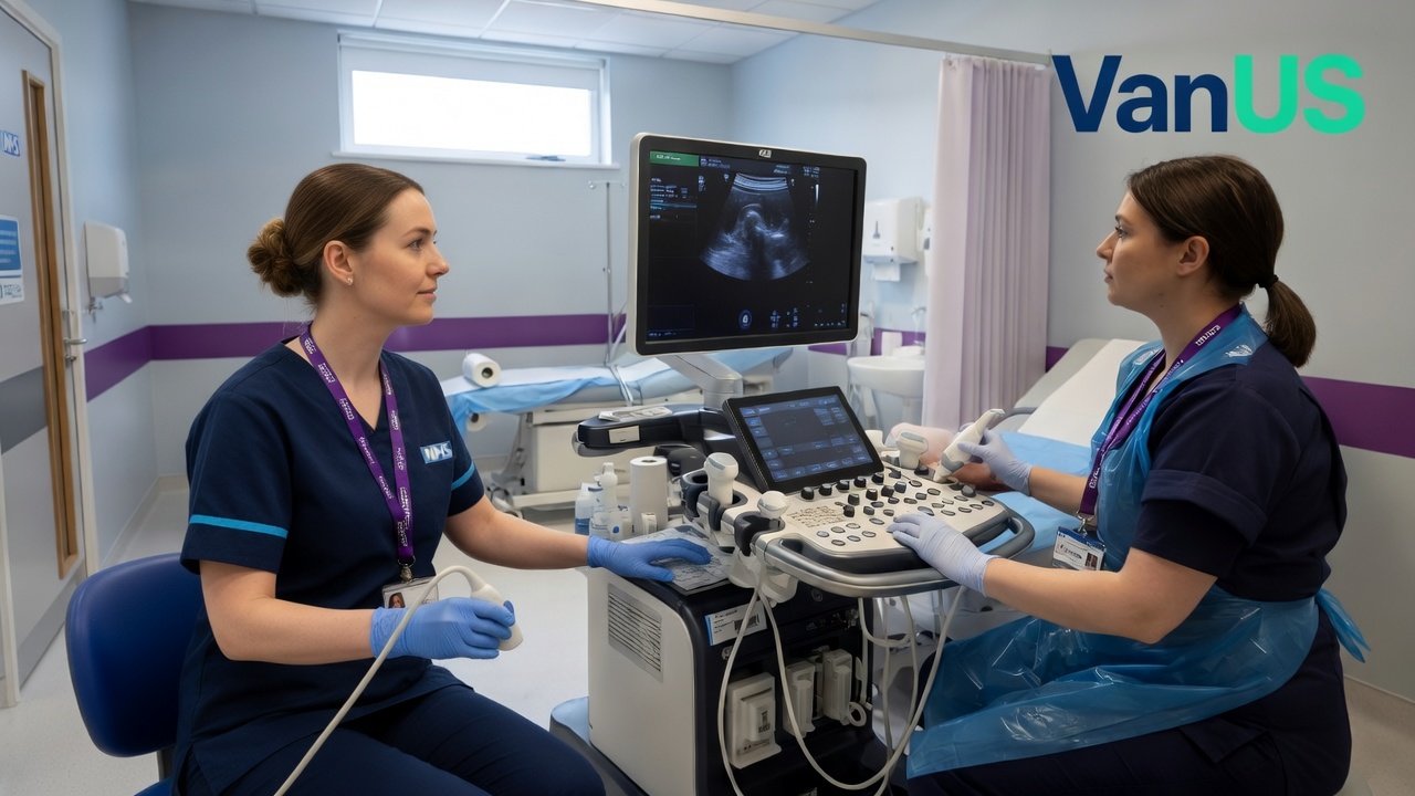 A professional ultrasound department showing a sonographer using an ultrasound machine in a clean, modern NHS-style clinical environment.