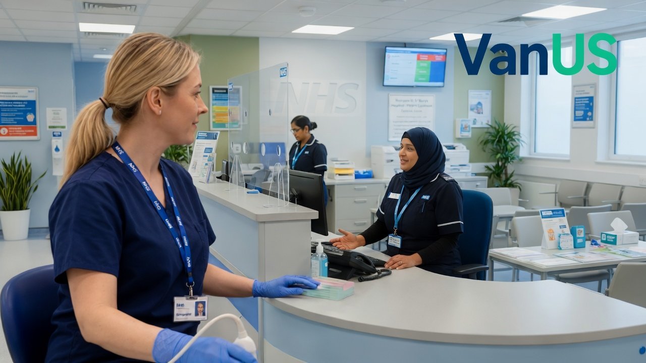 A professional NHS-style reception or office area with a staff member responding to enquiries at a desk.