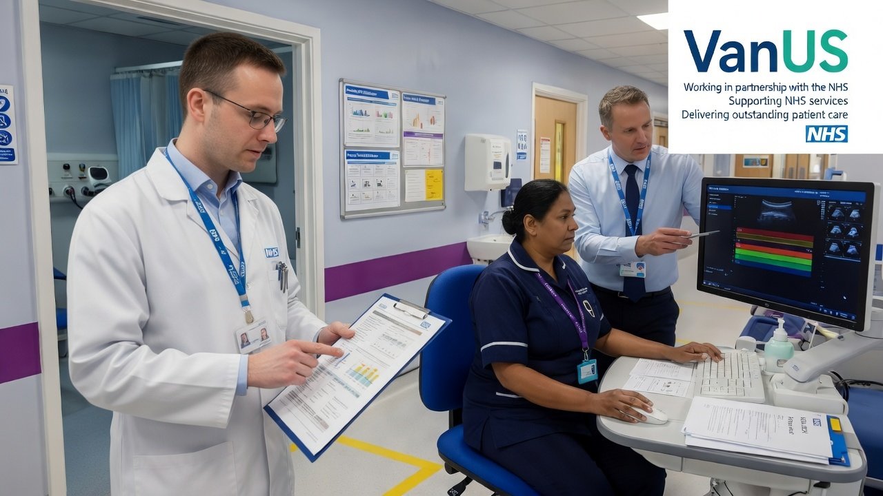 An NHS-style ultrasound department with clinical staff reviewing a patient pathway or report at a workstation near an ultrasound room.