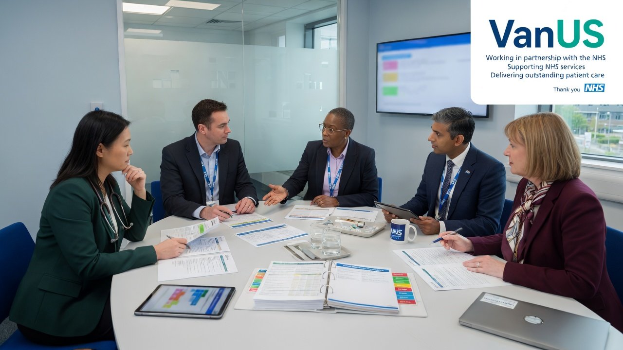 Professional healthcare leadership team reviewing governance and service delivery information in a modern clinical setting.