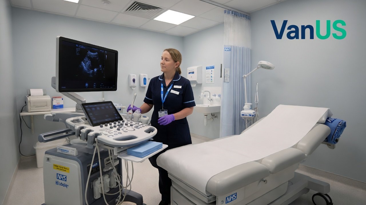 A modern NHS-style ultrasound department with a sonographer preparing an ultrasound scan and an ultrasound machine beside the examination couch.