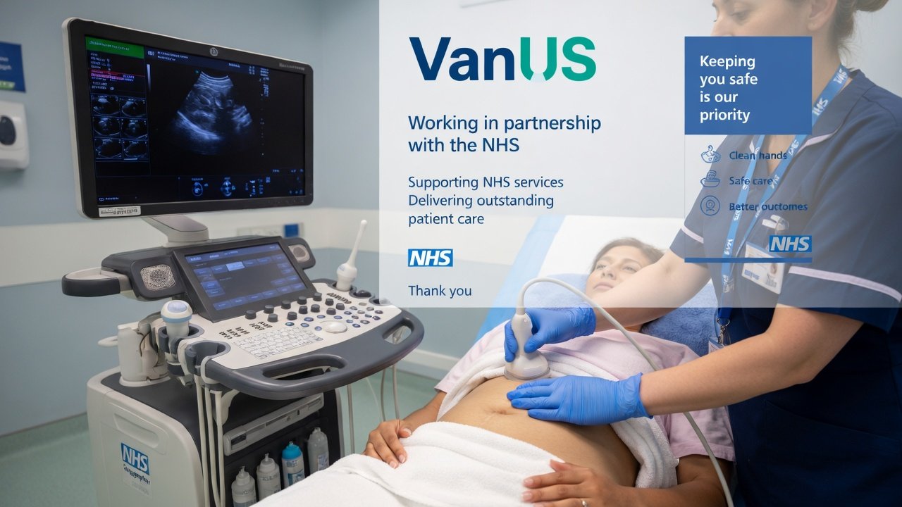 An ultrasound room in an NHS-style clinical environment with a sonographer using an ultrasound machine and a patient on an examination couch.